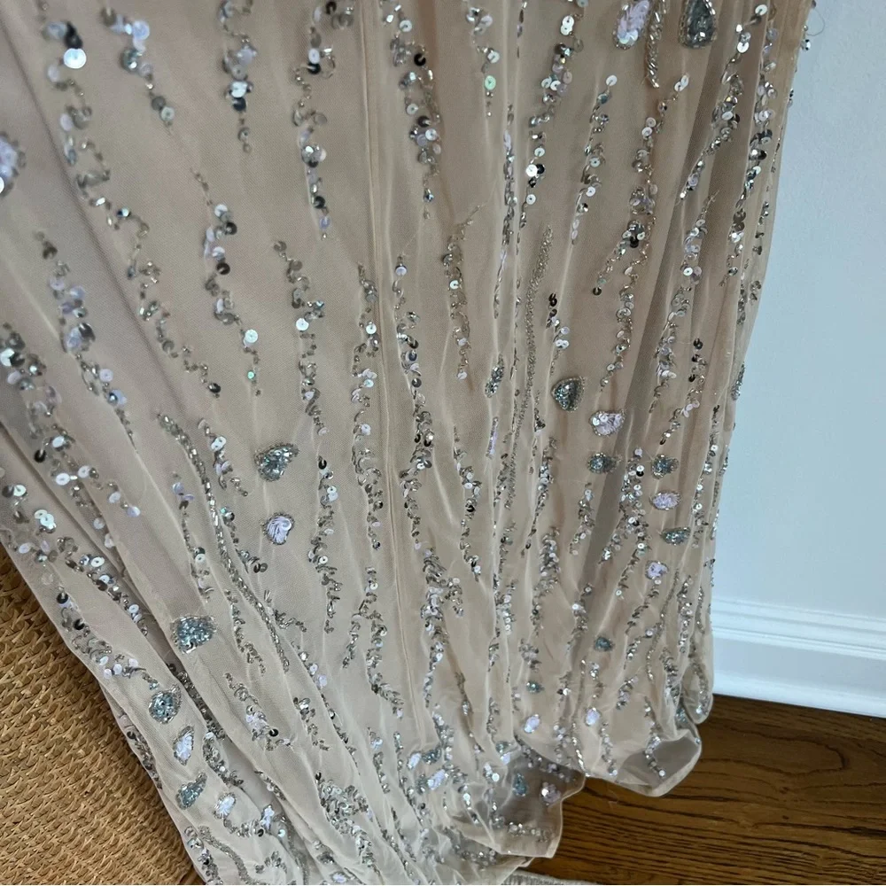 Mac Duggal Embellished One Shoulder Draped Maxi Gown Nude & Silver | Size 8 - Picture 13 of 16